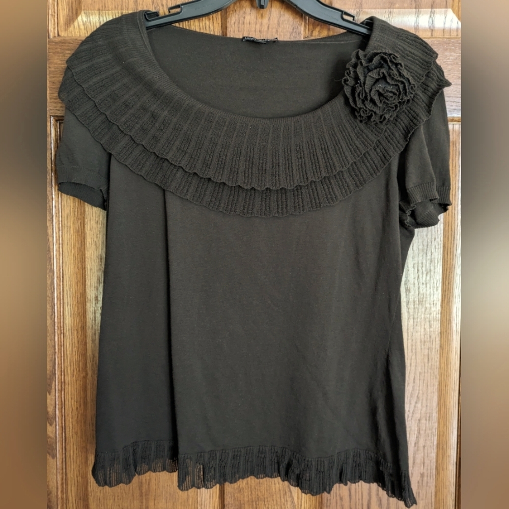 Lafayette 148 New York Dark Chocolate Ruffle Collar Short Sleeve Sweater